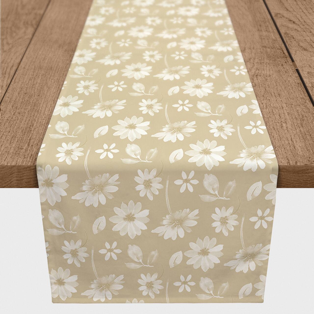 6ft. Tan & White Florals Cotton Twill Table Runner